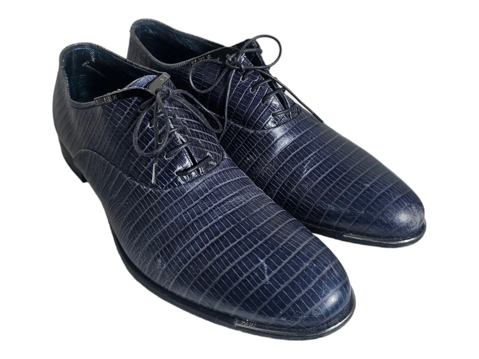 Fabi Derby Oxfords Men's Exotic Print Leather Navy Blue Shoes Italy Size EU 40 US 7