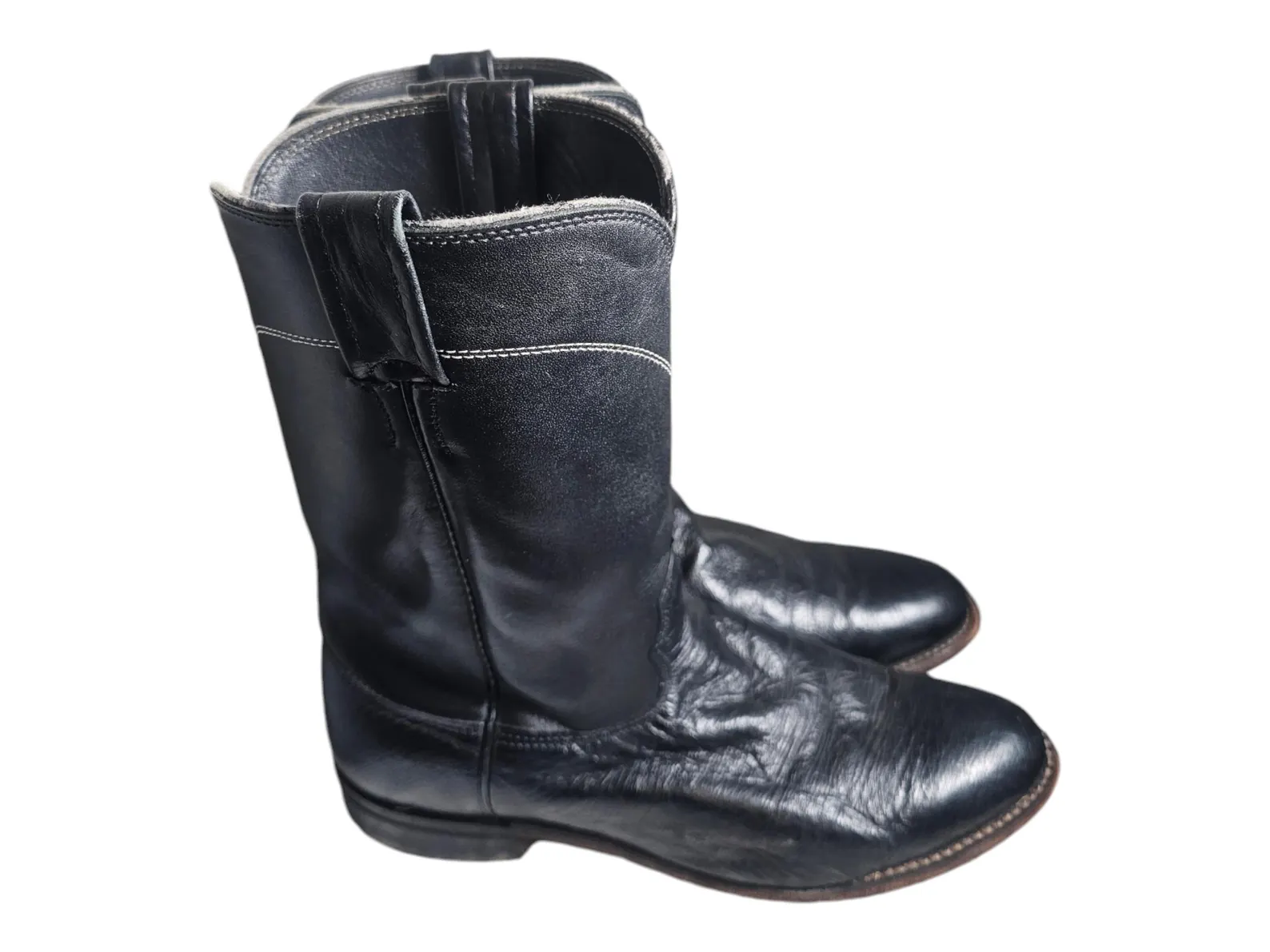 Larry Mahan Men's 9.5 D Black Exotic Leather Smooth Ostrich Ropers Cowboy Boots - Image 2