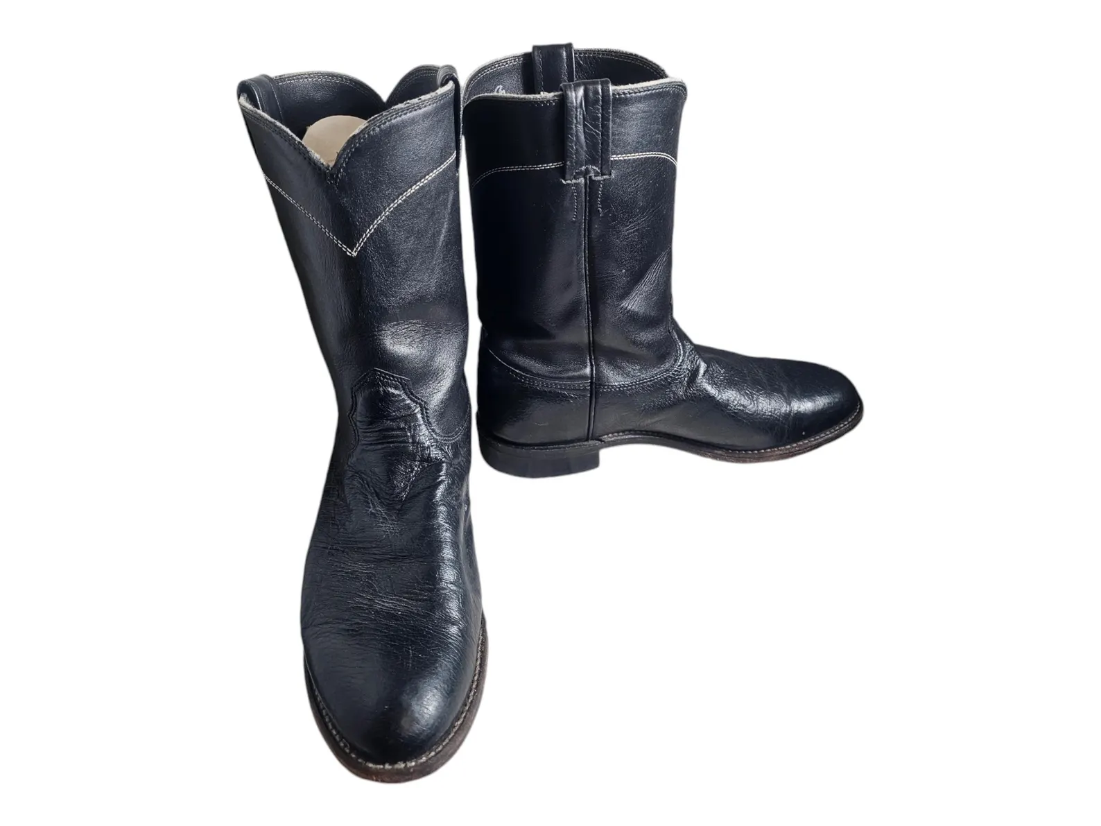 Larry Mahan Men's 9.5 D Black Exotic Leather Smooth Ostrich Ropers Cowboy Boots - Image 3