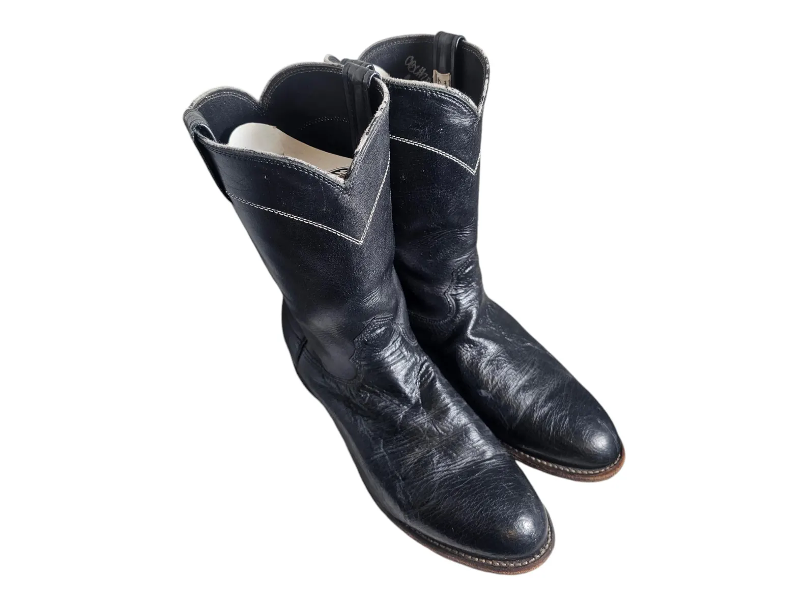 Larry Mahan Men's 9.5 D Black Exotic Leather Smooth Ostrich Ropers Cowboy Boots