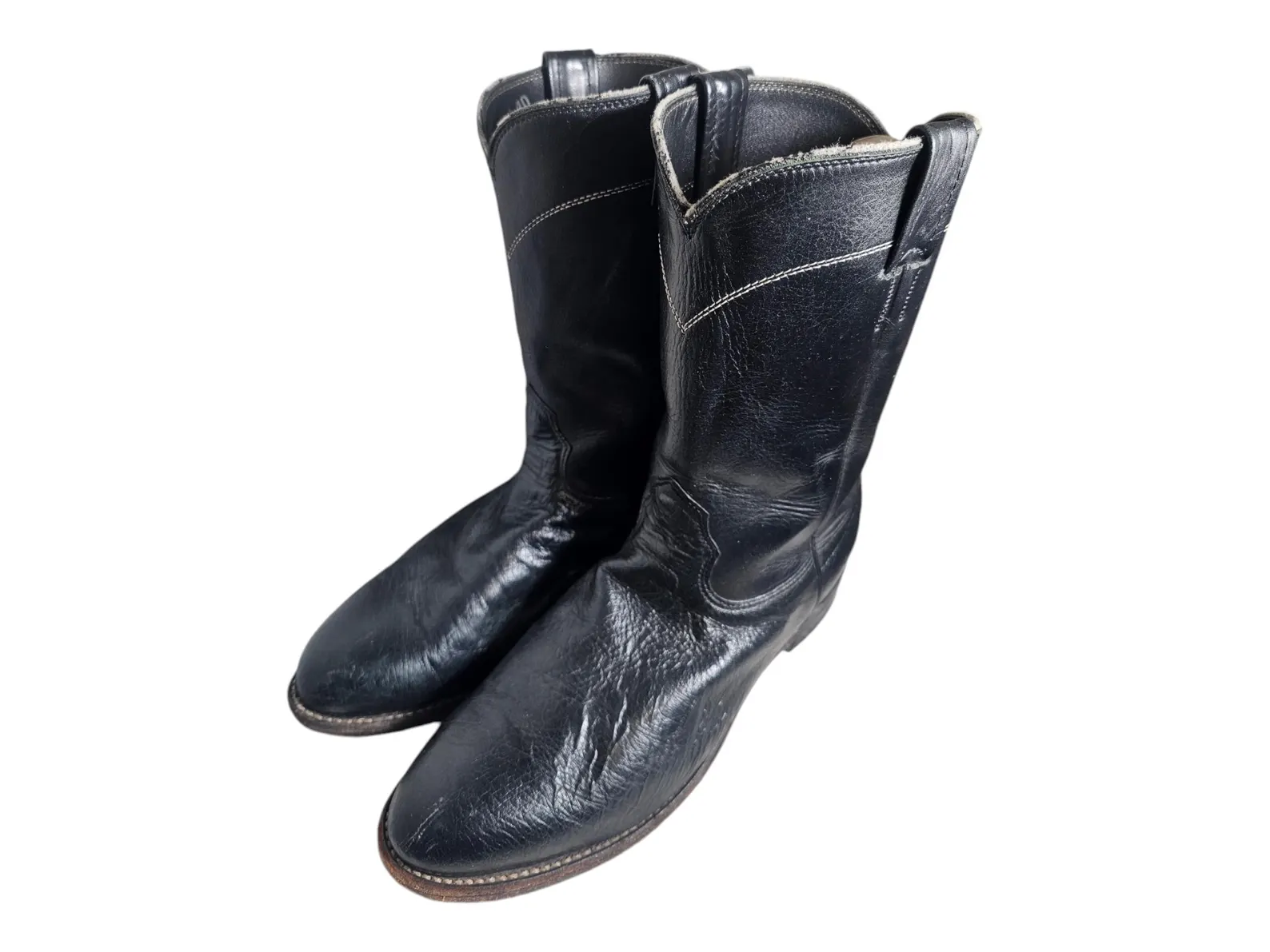 Larry Mahan Men's 9.5 D Black Exotic Leather Smooth Ostrich Ropers Cowboy Boots - Image 8