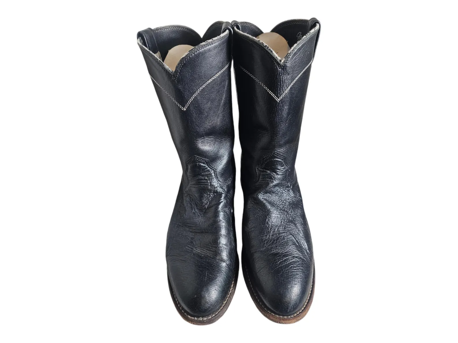 Larry Mahan Men's 9.5 D Black Exotic Leather Smooth Ostrich Ropers Cowboy Boots - Image 9