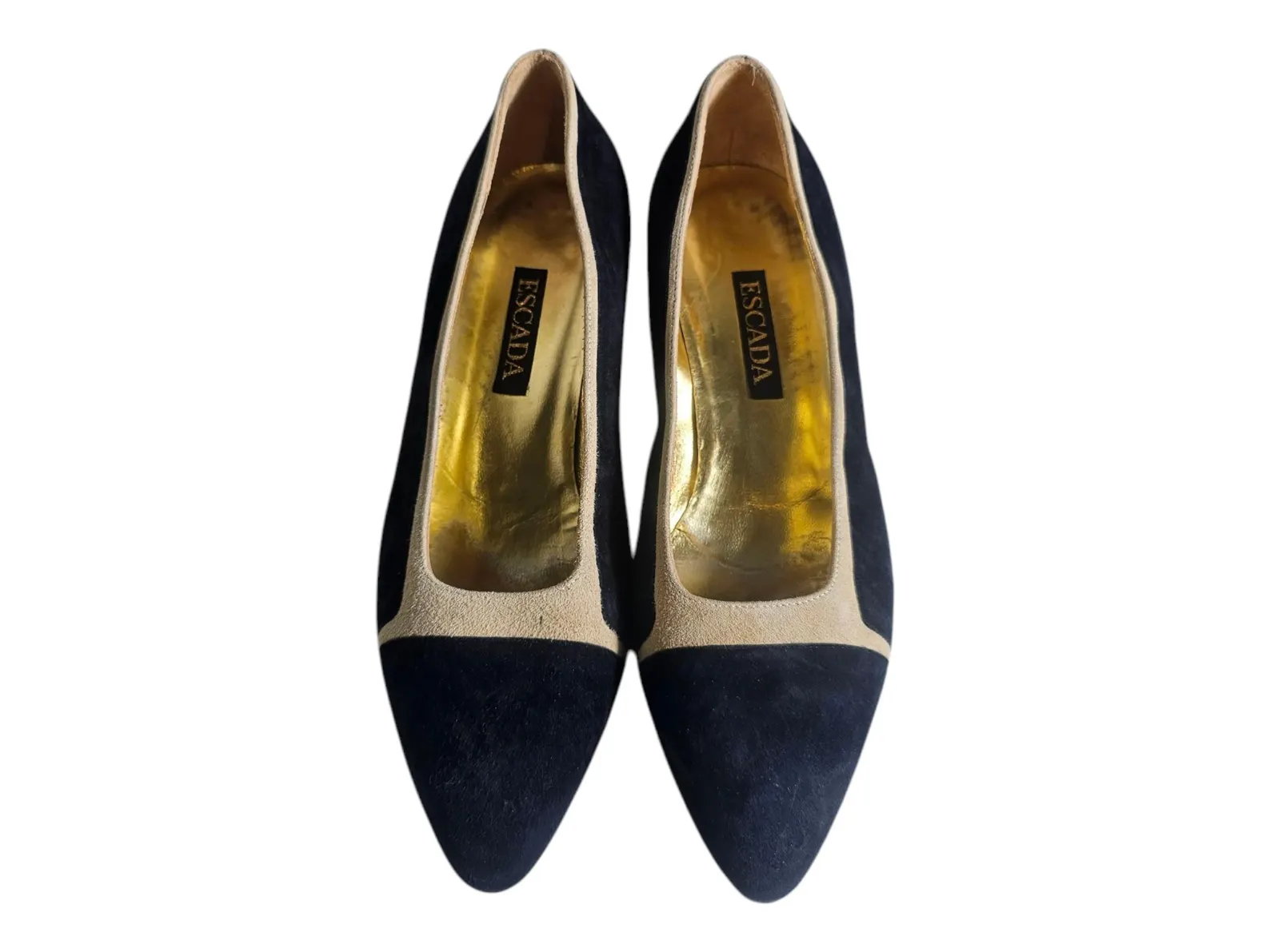 Escada Vintage Black & Cream Italian Leather Mid Heel Cap Toe Pumps Size 7.5 - Image 3