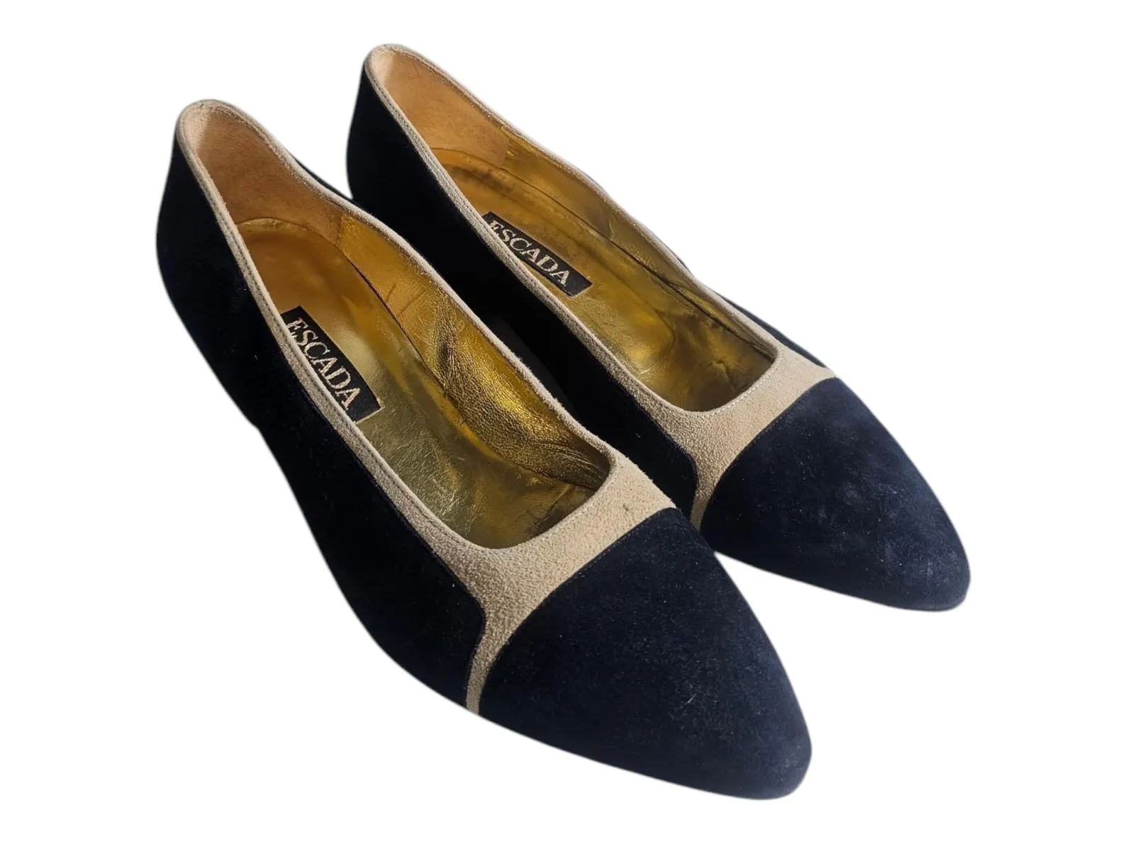 Escada Vintage Black & Cream Italian Leather Mid Heel Cap Toe Pumps Size 7.5