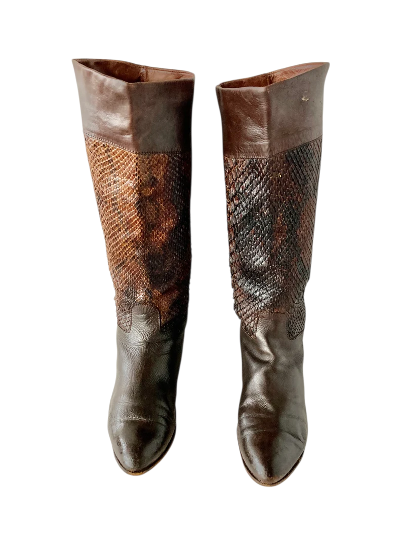 Vintage VIA SPIGA Snakeskin Leather Boots, Brown Knee High Boots, Size 8 - Image 9