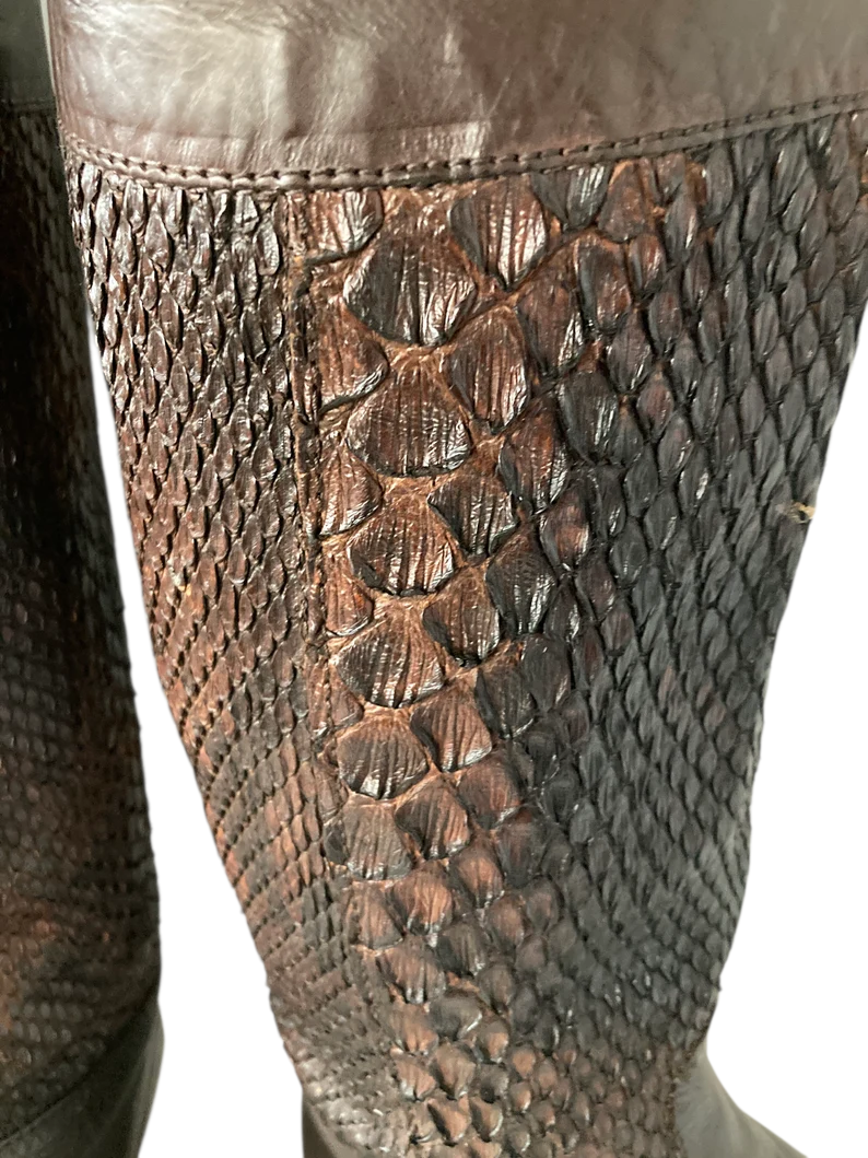 Vintage VIA SPIGA Snakeskin Leather Boots, Brown Knee High Boots, Size 8 - Image 8