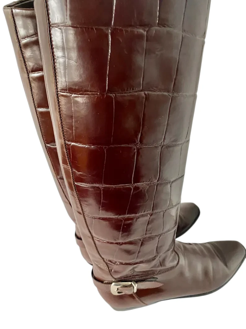 Vintage Charles David Croc Print Leather Knee High Boots, Size 8 AA - Image 6