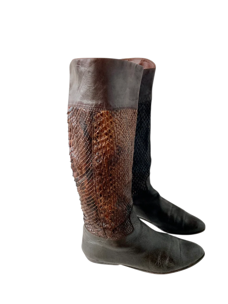 Vintage VIA SPIGA Snakeskin Leather Boots, Brown Knee High Boots, Size 8 - Image 2