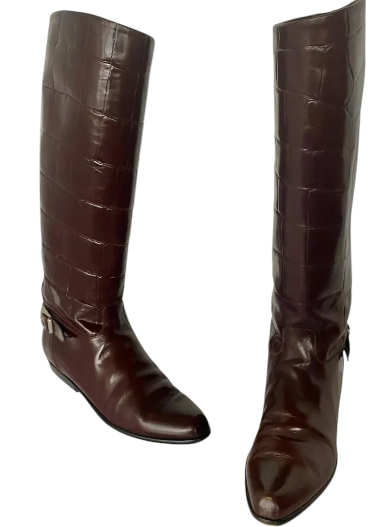 Vintage Charles David Croc Print Leather Knee High Boots, Size 8 AA - Image 9