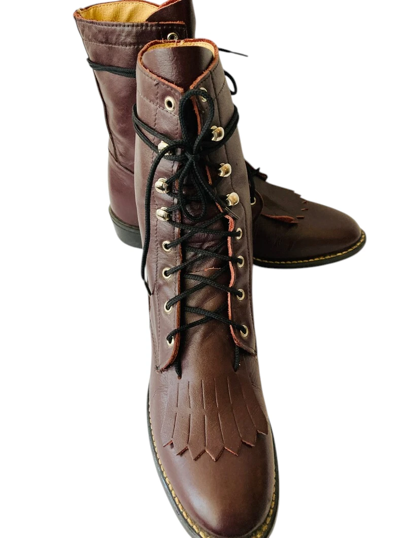 Size 6m vintage eggplant brown leather lace up granny combat boots- - Image 11