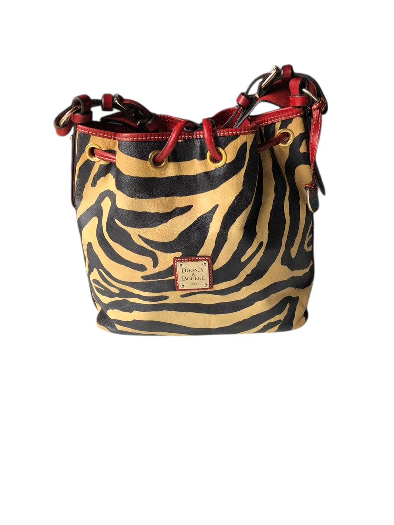 Vintage Dooney & Bourke Drawstring Bucket Bag: Zebra Print Leather, Red Trim - Image 9