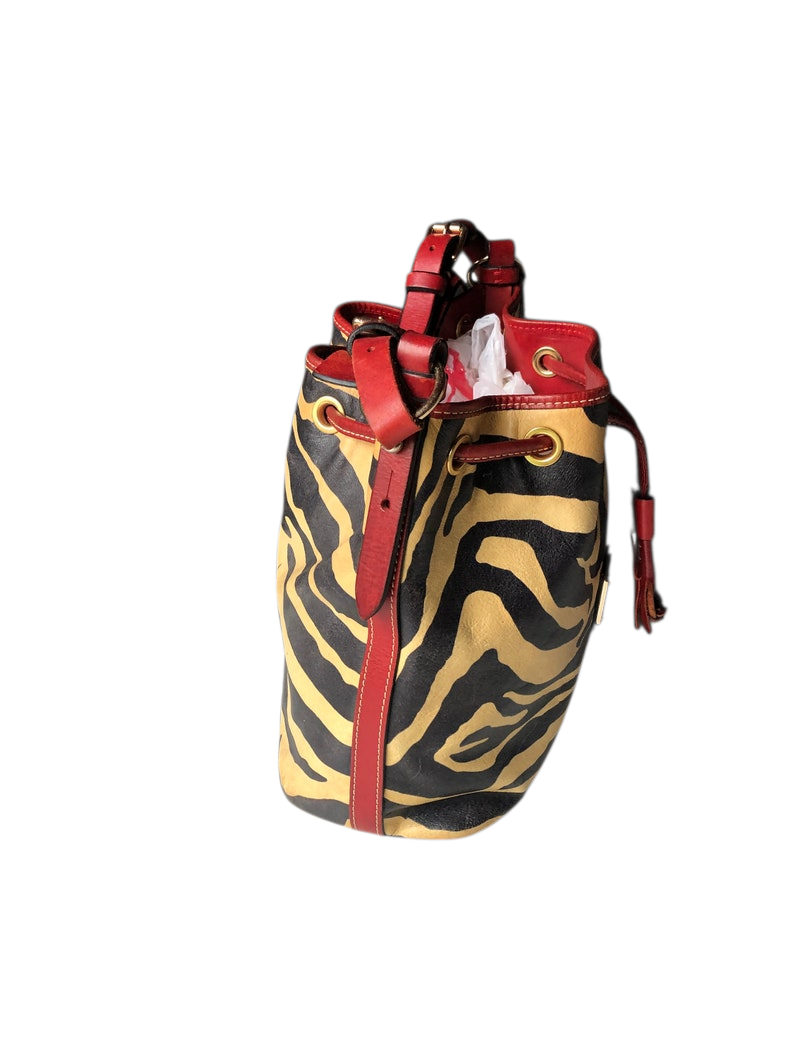Vintage Dooney & Bourke Drawstring Bucket Bag: Zebra Print Leather, Red Trim - Image 8