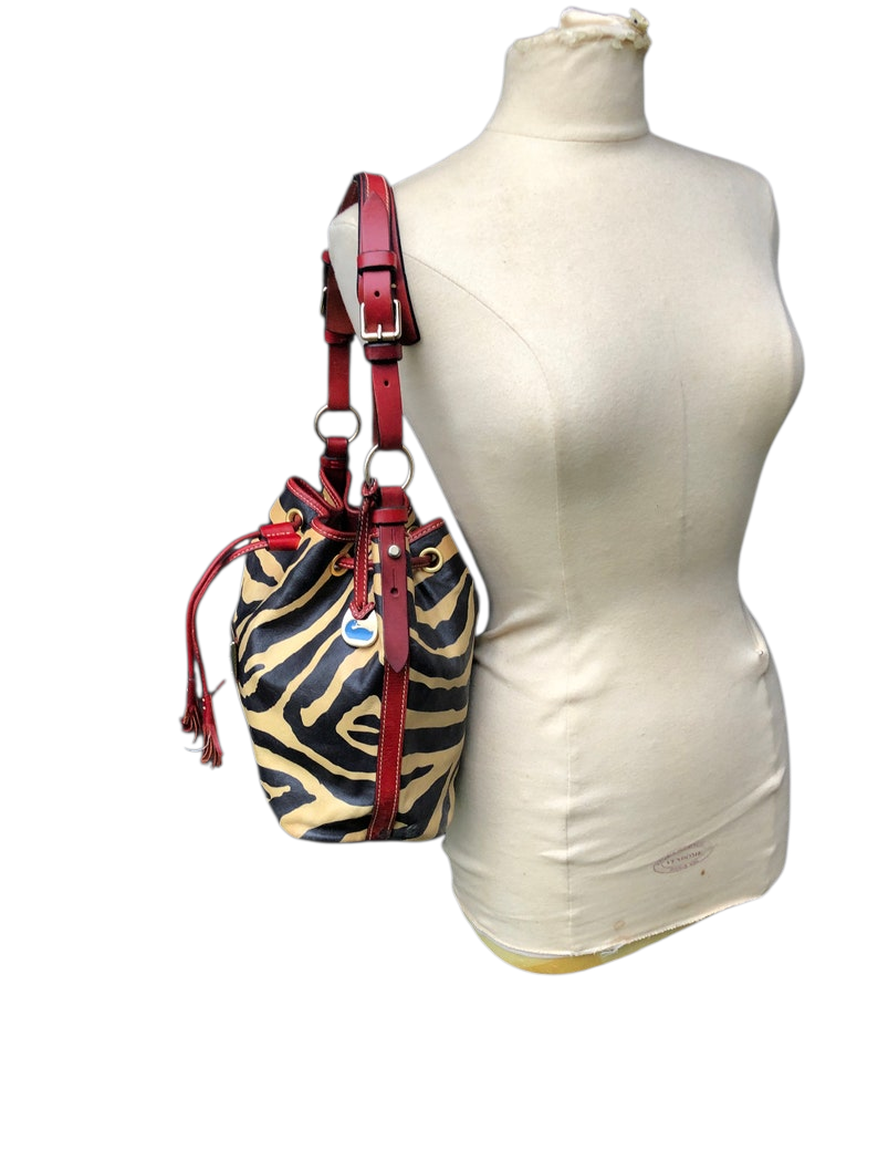 Vintage Dooney & Bourke Drawstring Bucket Bag: Zebra Print Leather, Red Trim