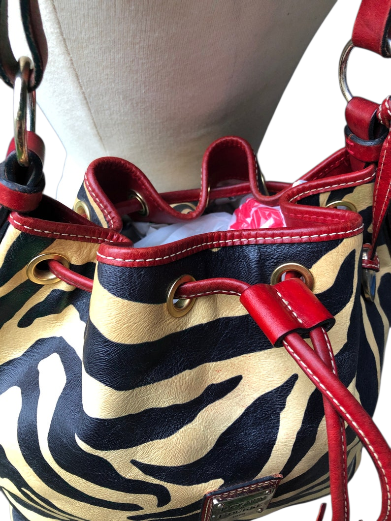 Vintage Dooney & Bourke Drawstring Bucket Bag: Zebra Print Leather, Red Trim - Image 5