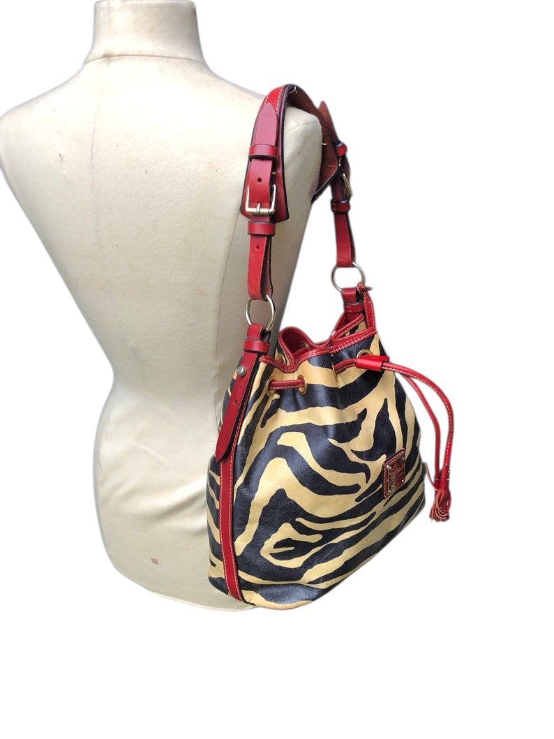 Vintage Dooney & Bourke Drawstring Bucket Bag: Zebra Print Leather, Red Trim - Image 3