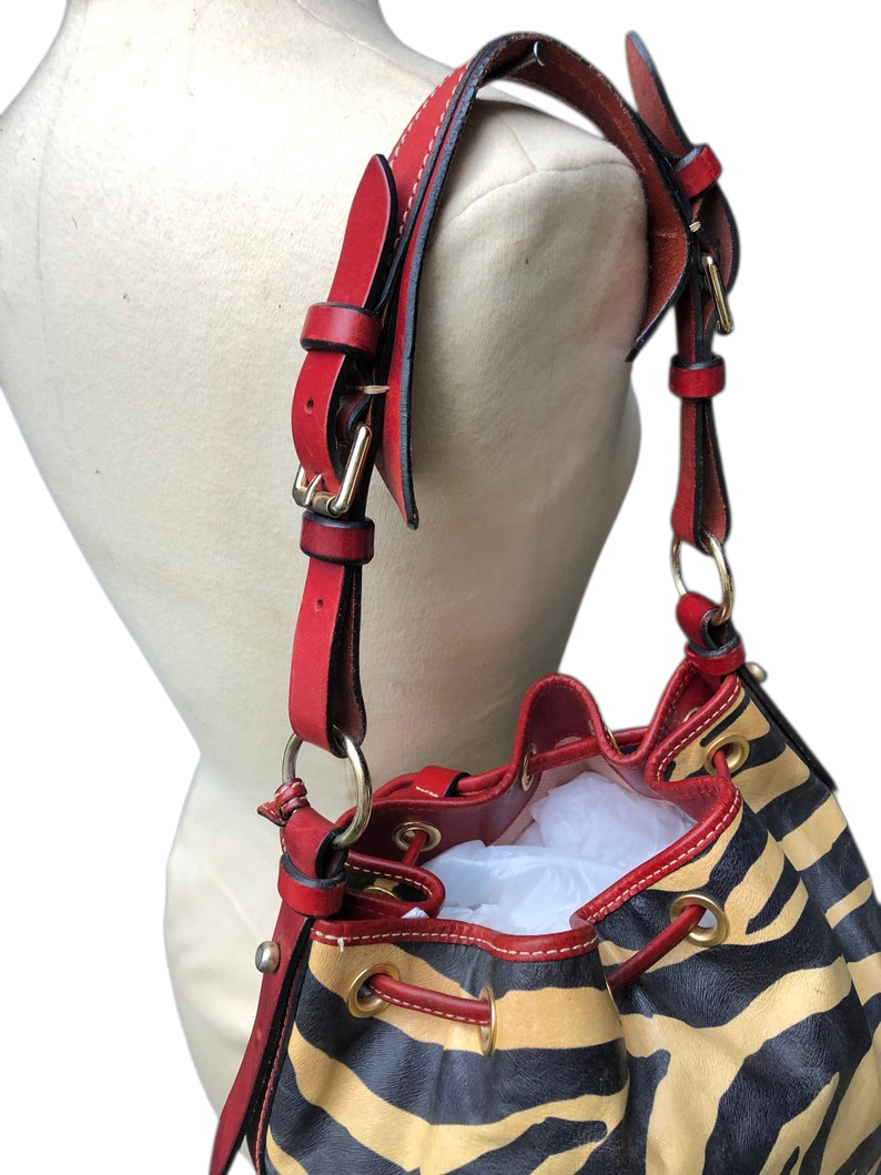Vintage Dooney & Bourke Drawstring Bucket Bag: Zebra Print Leather, Red Trim - Image 4