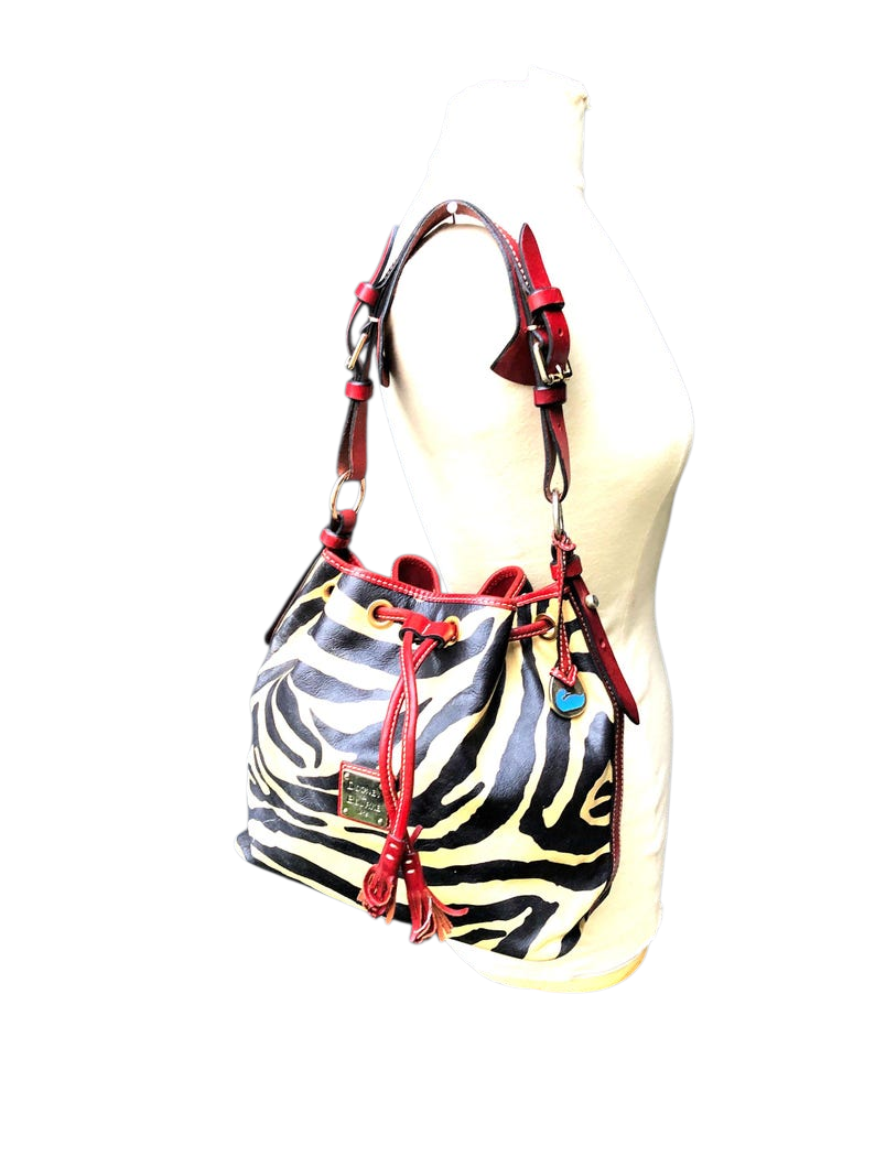 Vintage Dooney & Bourke Drawstring Bucket Bag: Zebra Print Leather, Red Trim - Image 10